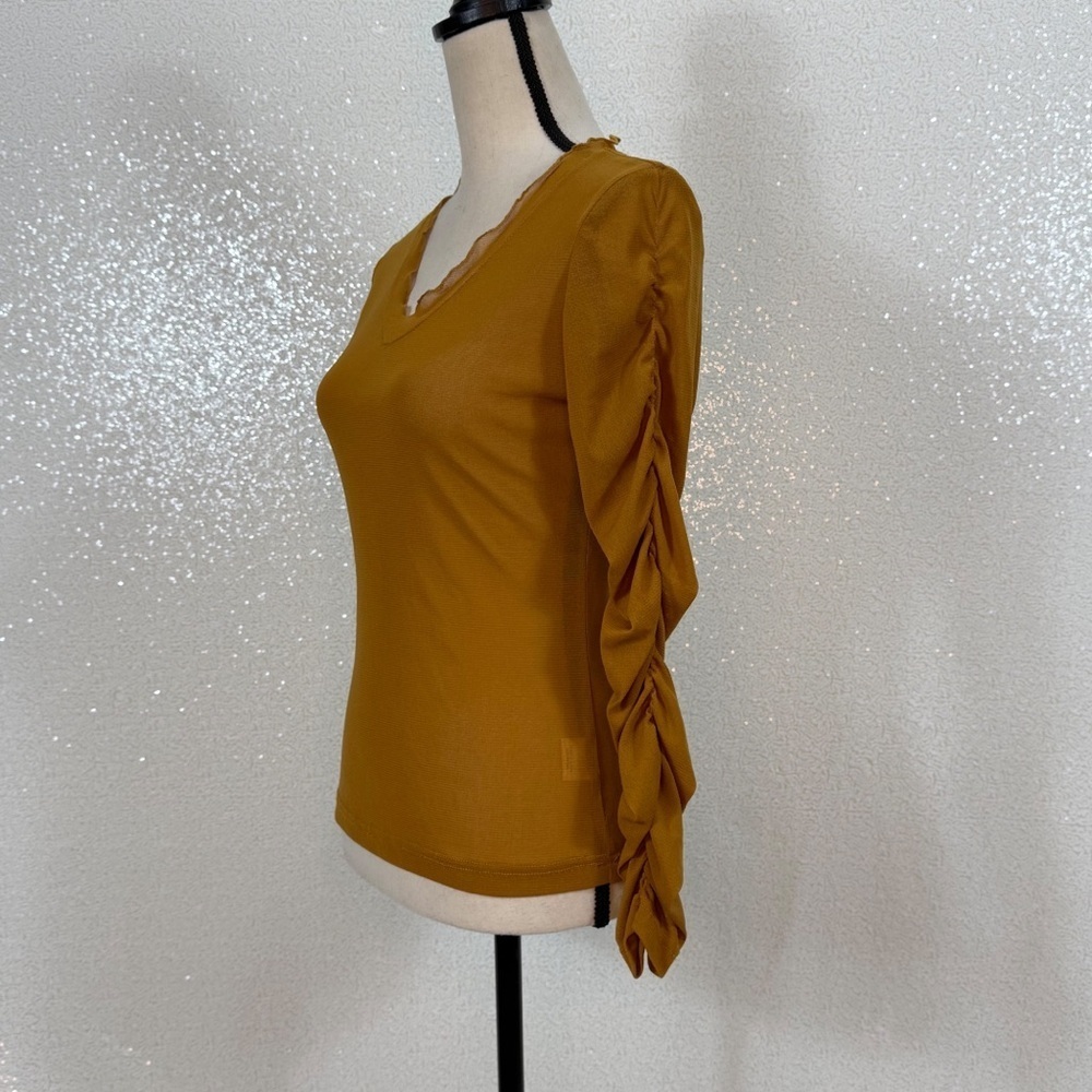 BRACHA Mustard Sheer Mesh Ruched Long Sleeve Top Women’s Medium Stretch V Neck - Picture 6 of 11
